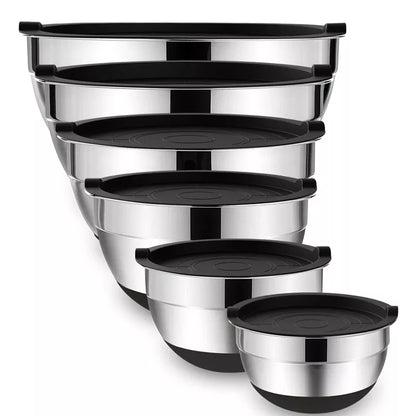 LMETJMA 6 Pcs Mixing Bowls with Lids and Non Slip Bases Stainless Steel Mixing Bowls Set for Baking Nesting Storage Bowls JT227