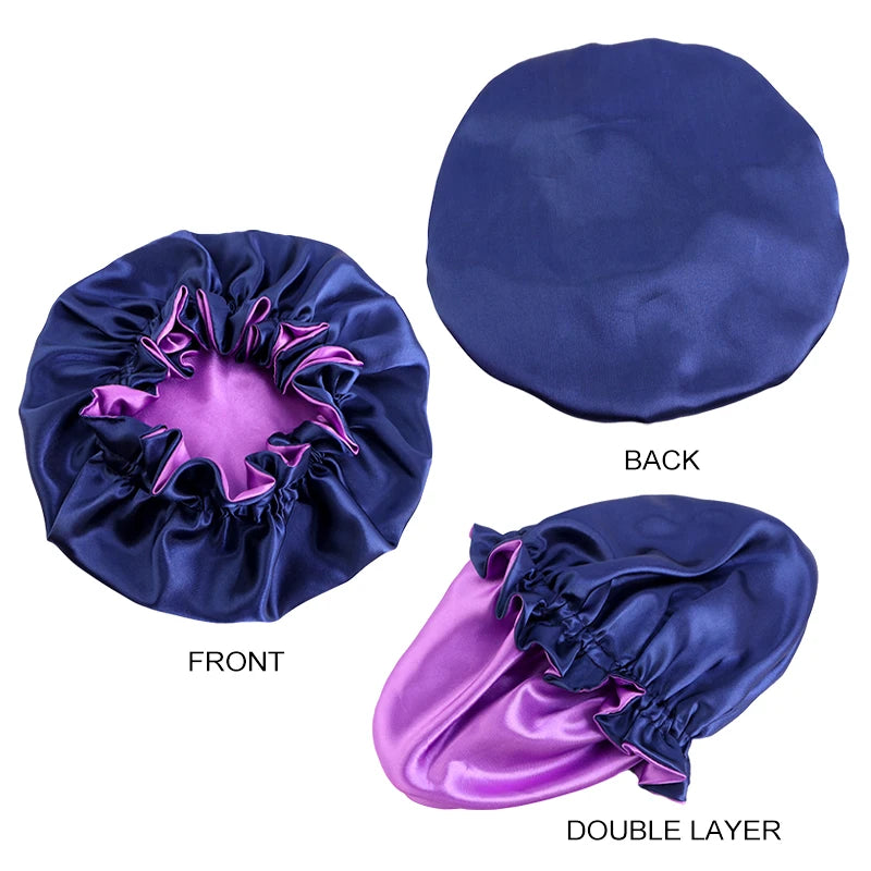 2PCS/LOT Lady Silky Night Sleep Hats Double Layer Head Cover Fashion Shower Cap Adjustable Silky Satin Bonnet For Women