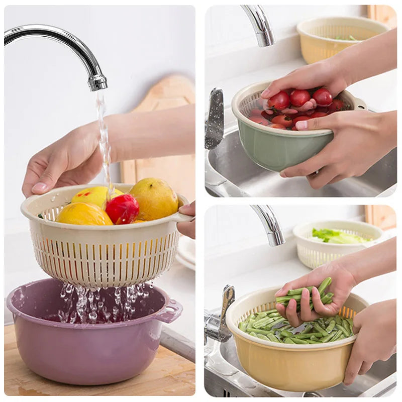 1 Set Double Drain Basket Bowl Washing Storage Basket Strainers Bowls Drainer Vegetable Cleaning Colander Cocina Kitchen Gadgets