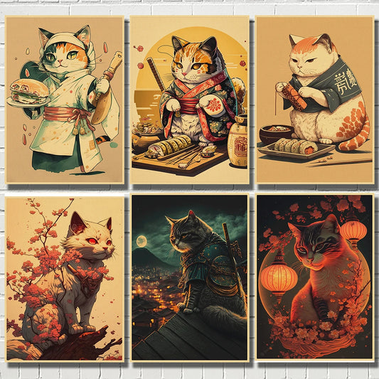 Japanese Samurai Cat Ramen Kraft Paper painting posters Home Decor Art Decor HD quality Cartoon Painting animal