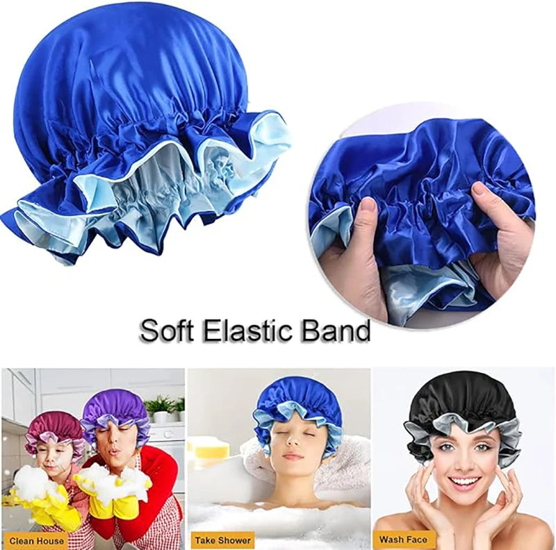 2PCS/LOT Lady Silky Night Sleep Hats Double Layer Head Cover Fashion Shower Cap Adjustable Silky Satin Bonnet For Women