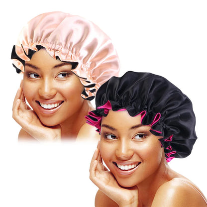 2PCS/LOT Lady Silky Night Sleep Hats Double Layer Head Cover Fashion Shower Cap Adjustable Silky Satin Bonnet For Women