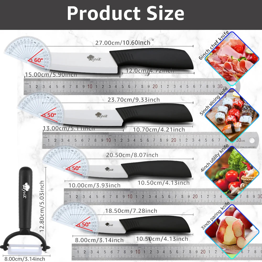 Ceramic Knives Kitchen knives 3 4 5 6 inch Chef knife Cook Set+peeler white zirconia blade Multi-color Handle High Quality