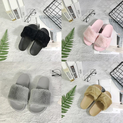 Plush Thermal Open Toe Flat Woman Slippers Comfortable House Slippers Non-slip Indoor Shoes