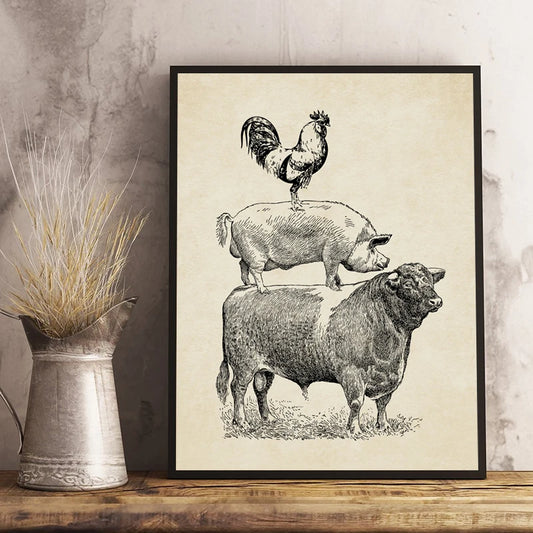 Farm Poultry Cow Pig Chicken Vintage Poster Kitchen Decor,French Country Farmhouse Retro Wall Art Picture Canvas Painting Prints